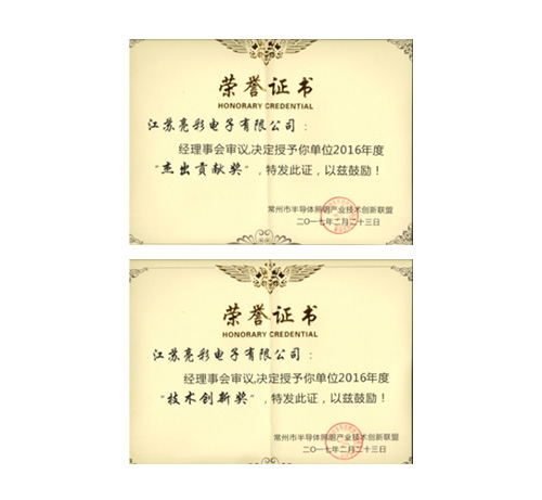 榮獲常州市半導體照明產(chǎn)業(yè)技術 創(chuàng)新聯(lián)盟頒發(fā)的“杰出貢獻獎”、 “協(xié)助獎”以及“年度先進個人獎”